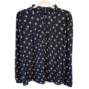 Floral Black Ruffle Feminine Blouse Size S Lightweight Cottagecore Flowy Work